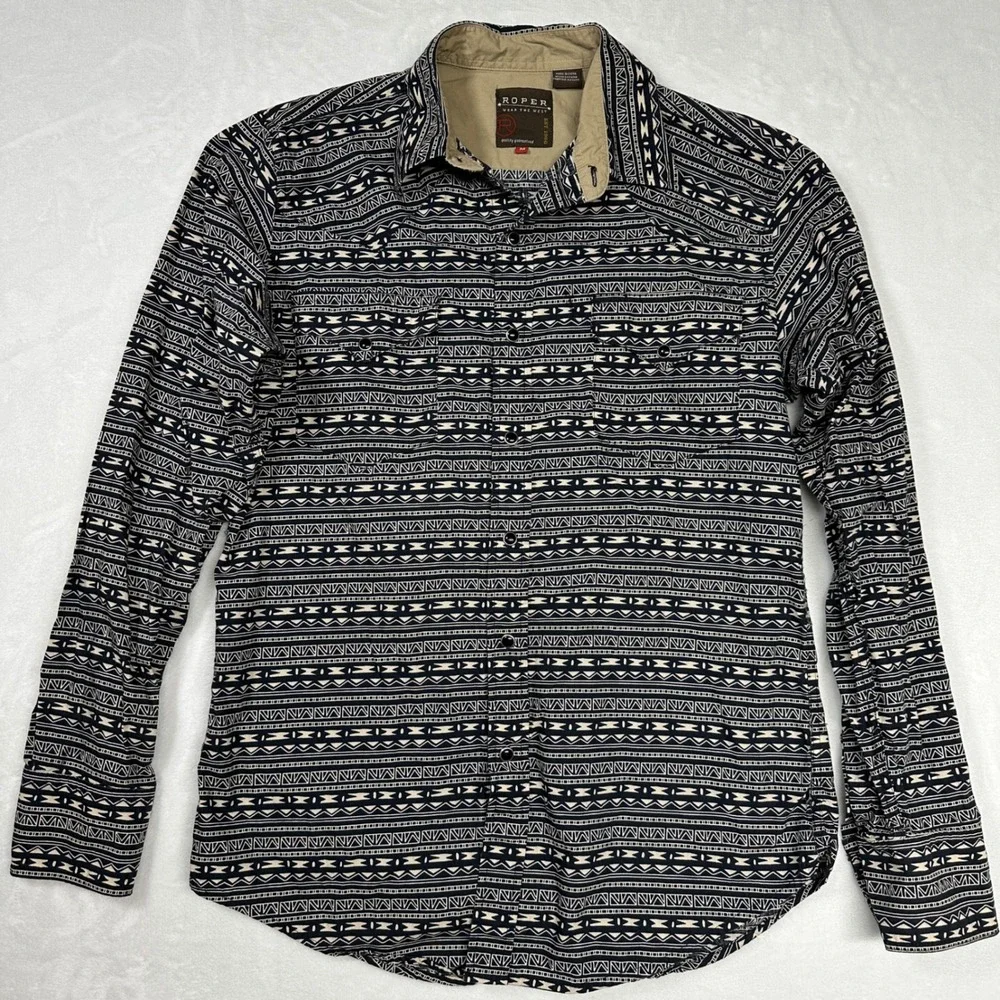 ROPER‎ Pearl Snap Aztec Tribal Print Men's Medium Long Sleeve Button Down Shirt
